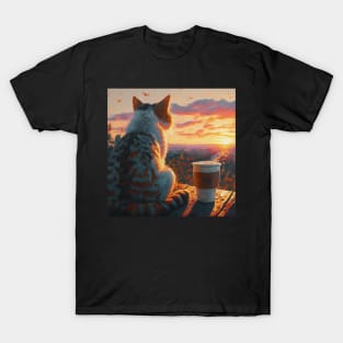 funny cat watching sunset with coffee, funny cats and coffee, cats lover T-Shirt